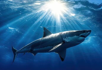 Fototapeta premium Majestic Great White Shark Gliding Through Sunlit Ocean Waters with Rays of Light Filtering Down from Above, Capturing the Beauty of Marine Life in an Underwater Paradise