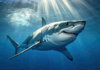 Fototapeta premium Majestic Great White Shark Swimming Gracefully Beneath the Ocean Surface with Sunlight Rays Illuminating the Vibrant Blue Waters of the Undersea World