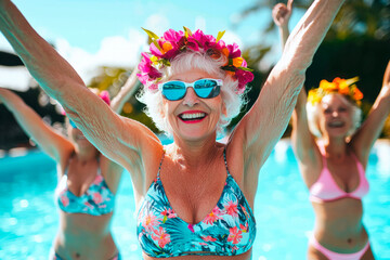 Happy senior women doing water aerobics in sunny swimming pool. Active pensioners.