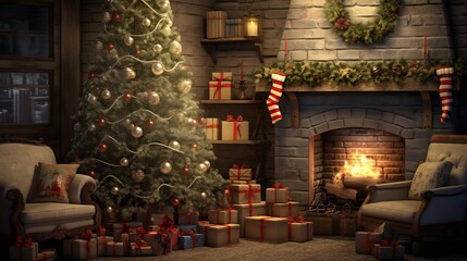 Cozy Christmas Living Room with Decorated Tree and Glowing Fireplace