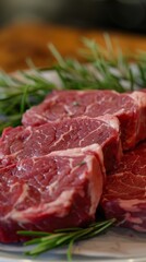 Close-up of Raw Beef Steaks with Fresh Rosemary