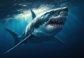 Naklejka premium Majestic Great White Shark Swimming Gracefully Underwater With Sharp Teeth and Intense Gaze in the Ocean's Depths Surrounded by Soft Sunlight Rays