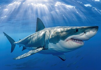 Obraz premium Majestic Great White Shark Swimming Gracefully Underwater in Clear Blue Ocean Water with Sunlight Filtering Through the Surface, Capturing Marine Life in Its Habitat