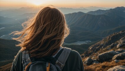 Golden Hour Summit: A lone woman stands on a mountain peak, her hair flowing in the wind, gazing at a breathtaking sunset over majestic mountains. The image evokes a sense of freedom, adventure.