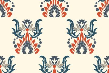 Ikat floral paisley embroidery on white background. Traditional ethnic ikat, aztec abstract vector pattern, seamless pattern in tribal, folk embroidery and mexican style.