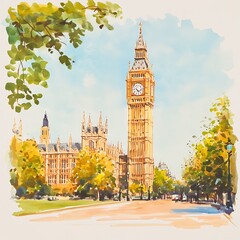 Obraz premium Explore the iconic big ben and its stunning surroundings in this beautiful watercolor artwork