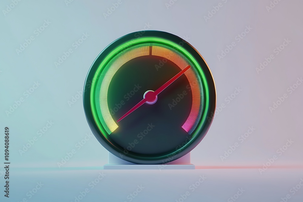 Poster a colorful gauge with a circular design, displaying a measurement on a dark background, enhanced by 