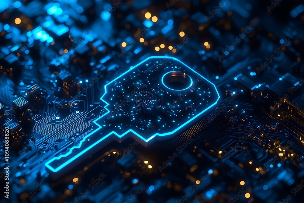 Poster a glowing digital key design integrated into a circuit board, symbolizing cybersecurity and technolo