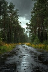 Fototapeta premium Road through a wet forest on a rainy day surrounded by pine trees, capturing the calmness and beauty of nature in its purest form