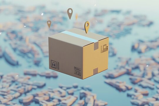 A floating package is illustrated above a cityscape, symbolizing delivery, logistics, and location tracking in a modern, digital context.