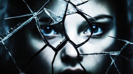 A cracked mirror reflecting a fragmented face, Representing identity crisis and self-perception issues, minimalist composition