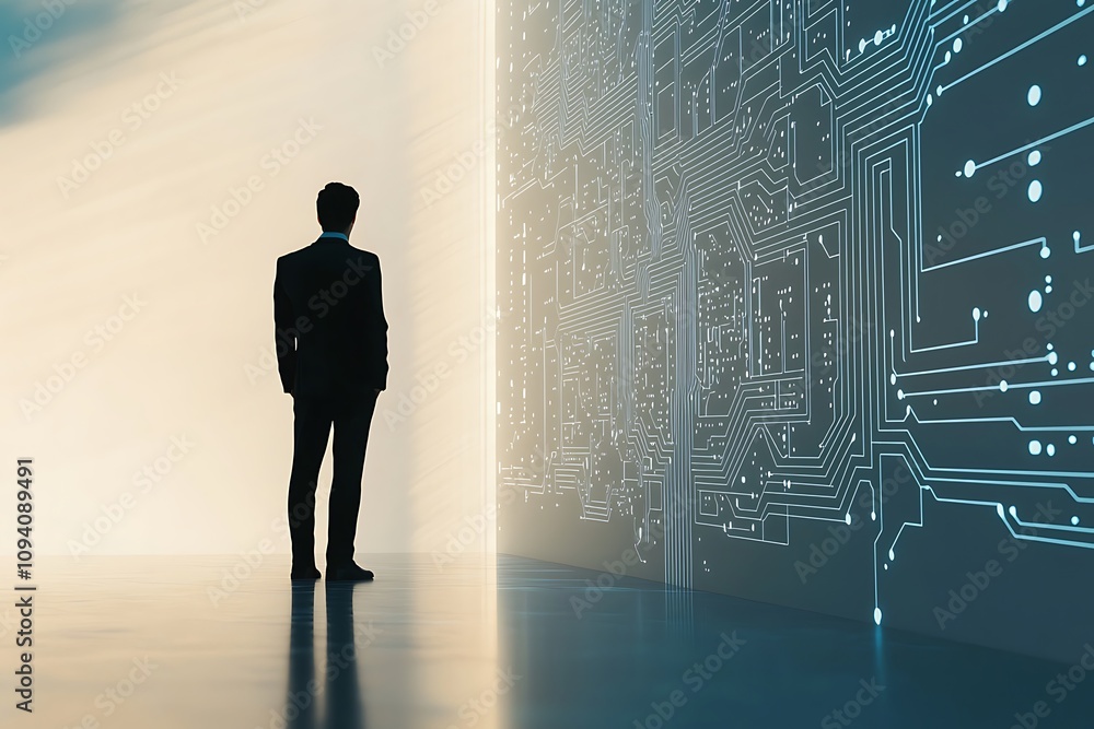 Poster a silhouette of a man in a suit stands before a glowing wall of circuit-like patterns, symbolizing t