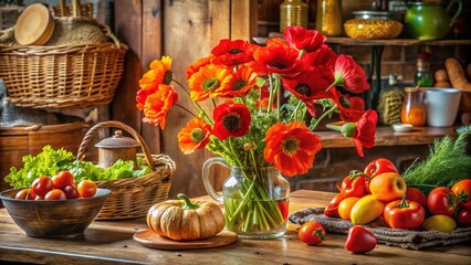 Vibrant Corn Poppy Blossoms in a Rustic Culinary Setting, Perfect for Food Photography and Floral Presentations, Showcasing Nature's Beauty in Culinary Art