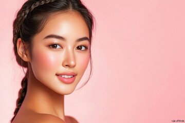 Fototapeta premium An Asian woman poses with impeccable skin against a pastel pink backdrop, reflecting skincare excellence and elegance in a commercial context.