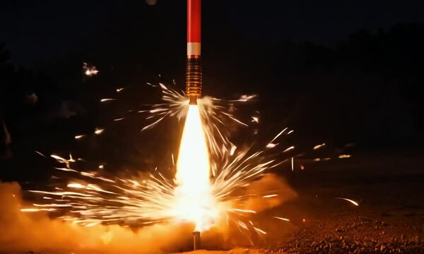 Close-up view of a firework rocket launching from the ground, with sparks flying in all directions before it ascends into the sky, followed by a burst of colors.