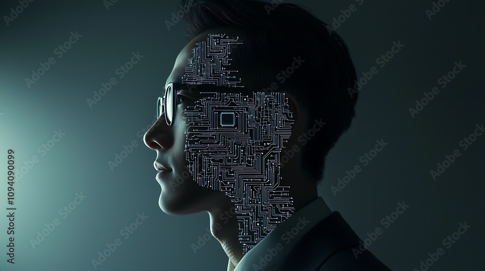 Poster a profile of a person with a digital design blending into their face, representing the fusion of tec