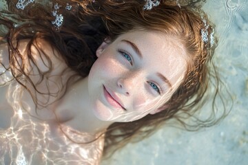 Caucasian woman peacefully floats on the water, capturing a carefree mood as natural light bathes the scene.