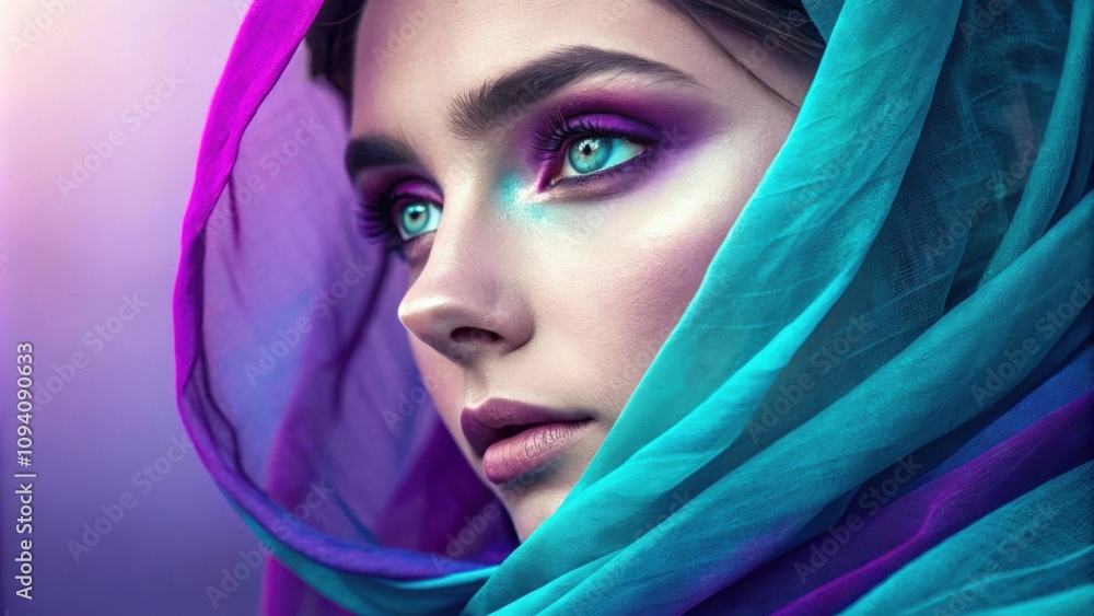 Poster captured in an expressive moment the models face is enveloped in layers of neon violet and radiant c