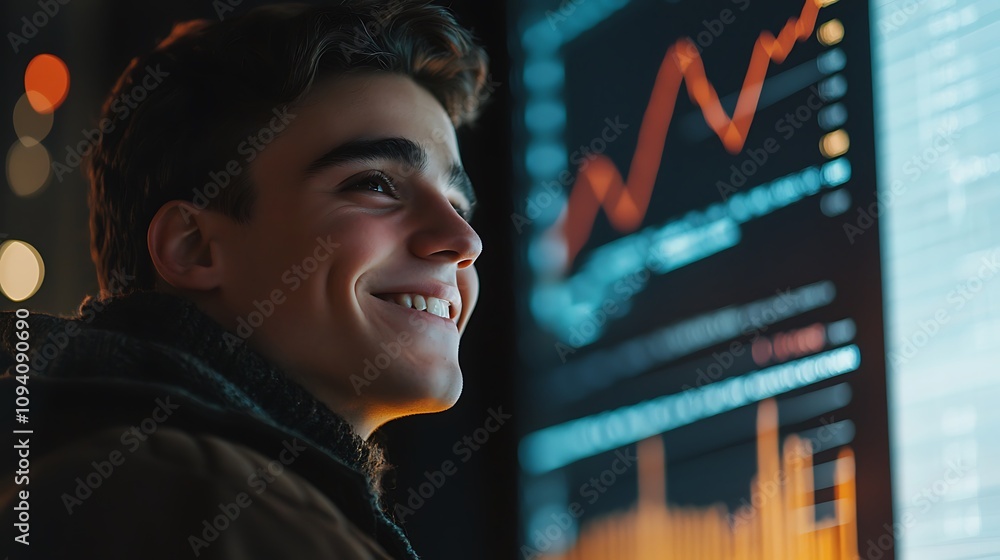 Poster a young man smiles while engaging with a digital screen displaying data and graphs, suggesting a foc