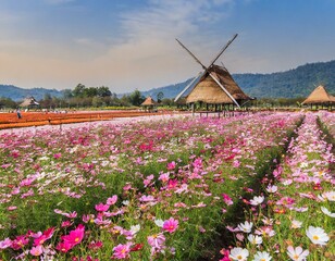 beautiful cosmos flower field