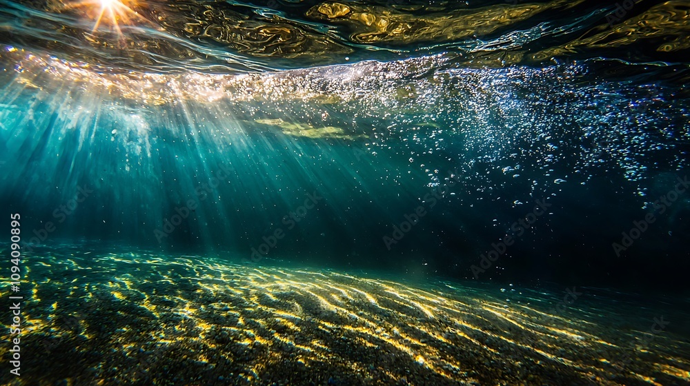Poster a serene underwater scene featuring shimmering light rays filtering through water, creating an encha