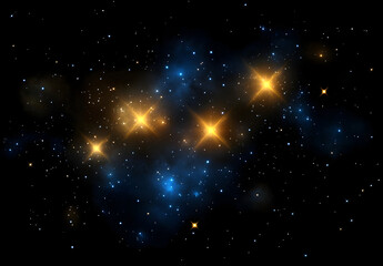 Dark night sky full of stars with bright yellow and blue lights