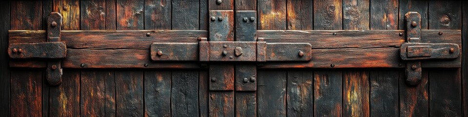 Antique wooden door with heavy metal hinges and bolts, showcasing a weathered and rustic texture, ideal for vintage designs, historical themes, and architectural backdrops

