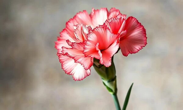 Close-up of a single pink carnation flower with white edges on petals, stem, and leaves against a blurred beige background.