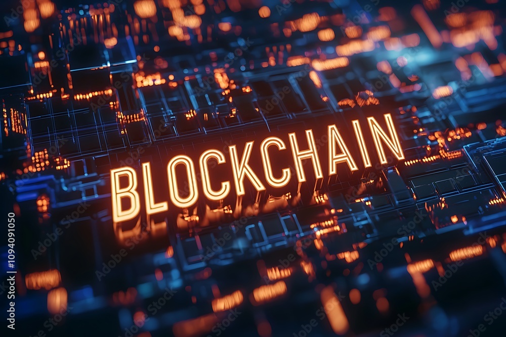 Poster a vibrant digital representation of a blockchain network, illuminated with orange lights, showcasing