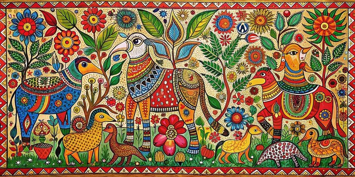 Vibrant Festive Colors and Animal Motifs in Classic Madhubani Painting Background, Celebrating Culture and Tradition with Intricate Patterns and Rich Textures