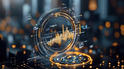 Dynamic financial analytics visualization corporate office digital artwork modern environment close-up view data insights