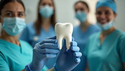 Grupo de dentistas sosteniendo un diente.