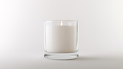 white candle in glass jar on white background  minimalist clean style decoration