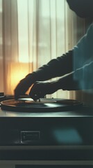 Cozy vintage vinyl listening setup with music enthusiast