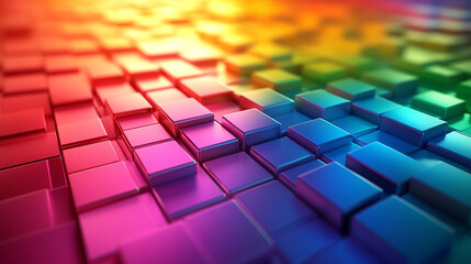 vibrant arrangement of colorful 3D tiles in a gradient pattern, symbolizing harmony, creativity, and dynamic movement, creating a modern and abstract visual experience
