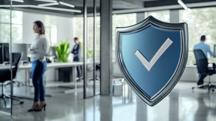 infographics of compliance shield with check mark, corporate blue and silver outline, background is office scene with employees