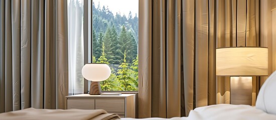 Bedroom with beige solid color curtain, nightstand and lamp, window view of forest landscape,...