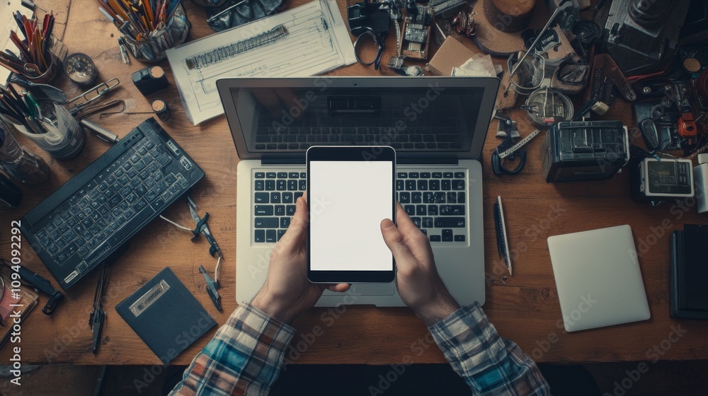 Poster hands holding a tablet while working on a laptop at a creative workspace home office digital devices