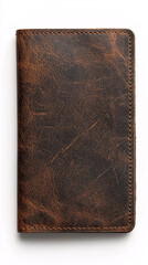 rustic brown leather notebook cover with stitched edge on a white background