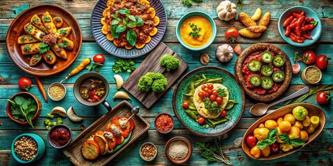 Fototapeta premium Vibrant Food Photography with Painted and Peeled Wood Texture Background for Culinary Delight and Rustic Aesthetic Appeal