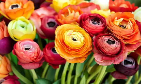 Close-up of vibrant ranunculus flowers in various shades of red, orange, and yellow.