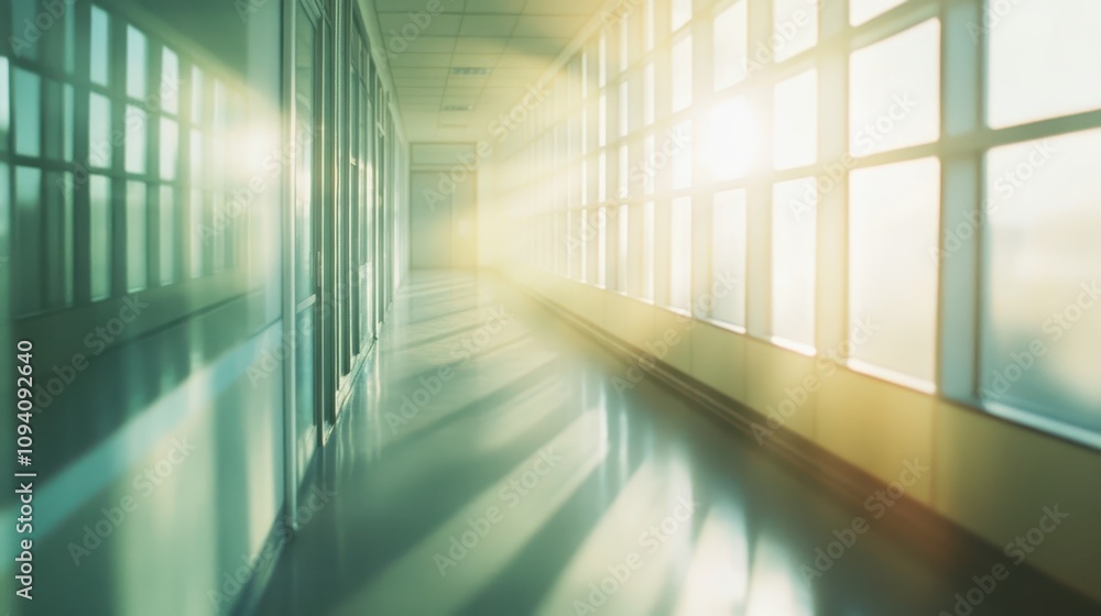 Poster a sunlit corridor with reflections, creating a serene and inviting atmosphere.