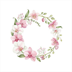 pink and white orchid wreath clipart illustration