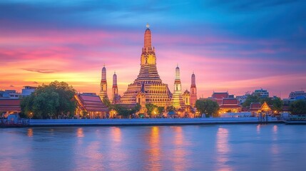 Close up of the famous Buddhist Temple Wat Arun at dusk with boat traffic on the Chao Phraya River, Bangkok, Thailand. Ai generated image