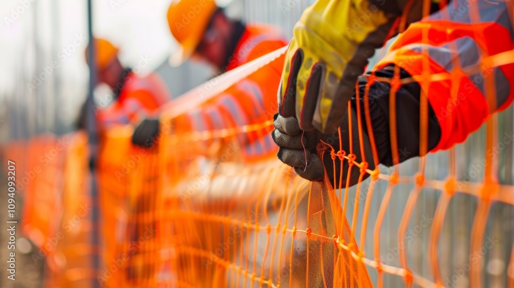 Poster a team of workers carefully assembling a temporary fencing system to delineate the boundaries of a c