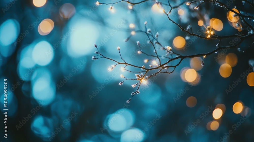 Poster a serene branch with glowing lights and soft bokeh in a tranquil blue environment.