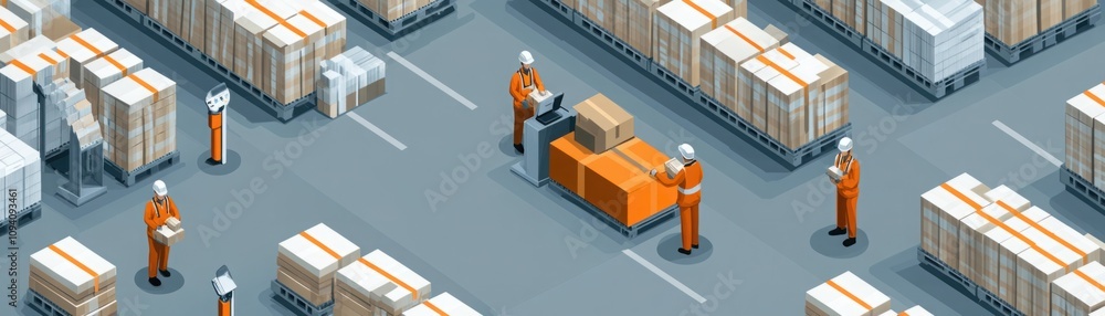 Poster busy warehouse scene showcasing workers in orange uniforms managing packages and boxes in a well-org