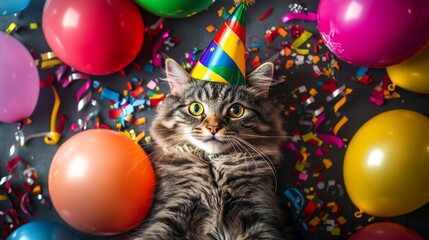 Celebratory cat in party hat surrounded by colorful balloons indoor party scene playful atmosphere fun perspective joyous occasion