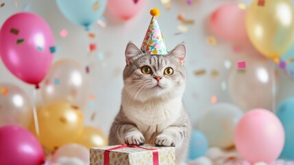 Celebrating a feline birthday party with balloons and gifts at home joyful atmosphere adorable cat cheerful viewpoint