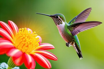 Fototapeta premium Hummingbird Hovering by Vibrant Flower Representing Energy and Vitality